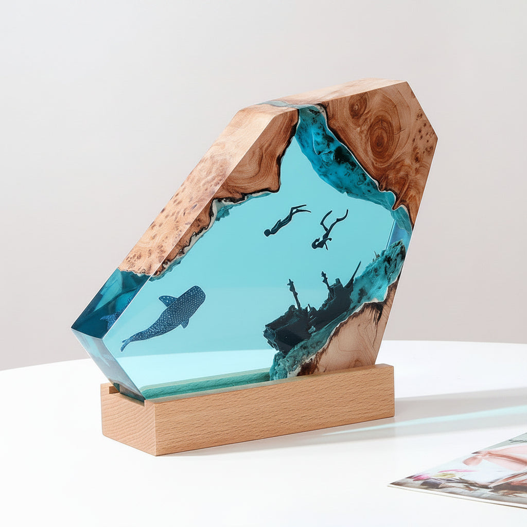 Wooden sculpture with embedded blue resin and underwater scene