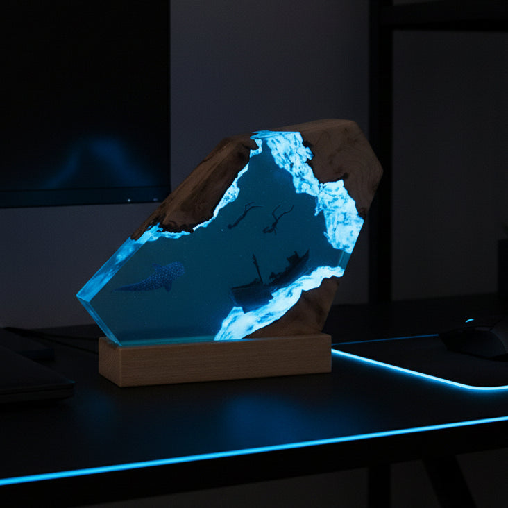 Wooden sculpture with embedded blue light and underwater scene design on a gray background
