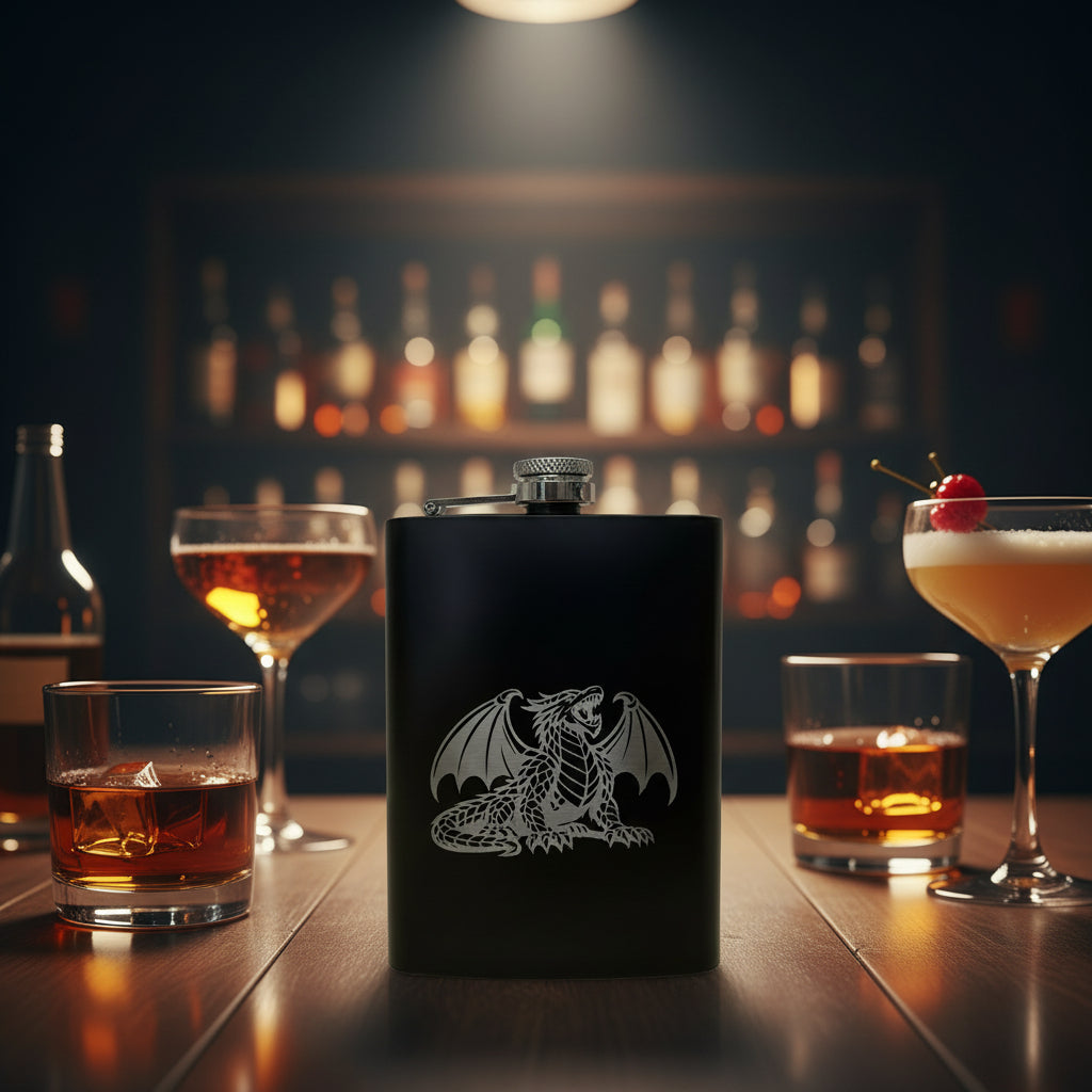 Black flask with dragon design on a wooden surface