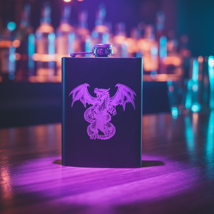 Black flask with dragon design on a wooden surface