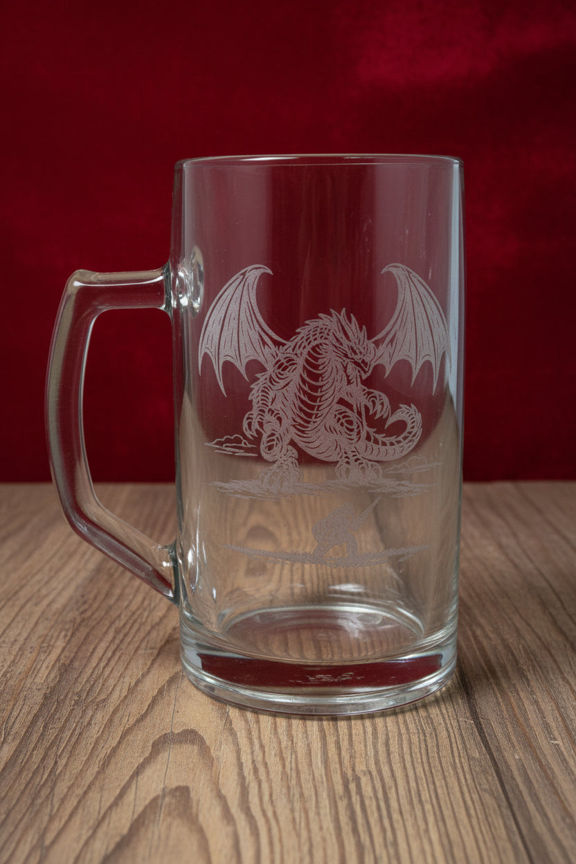 Clear glass mug with handle on a wooden surface
