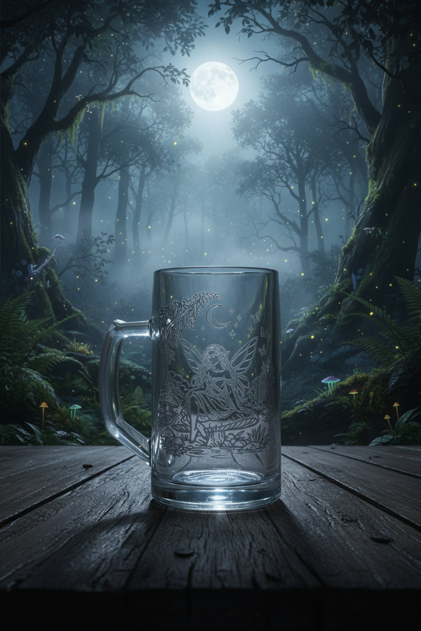 Clear glass mug with fairy design on a wooden surface