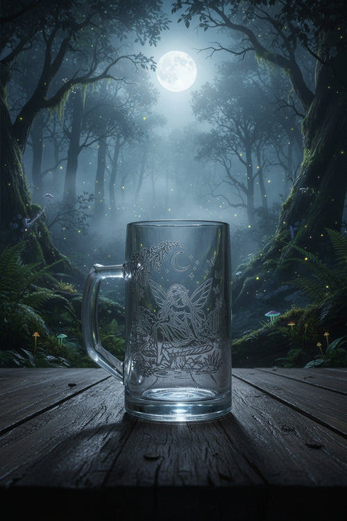 Clear glass mug with fairy design on a wooden surface