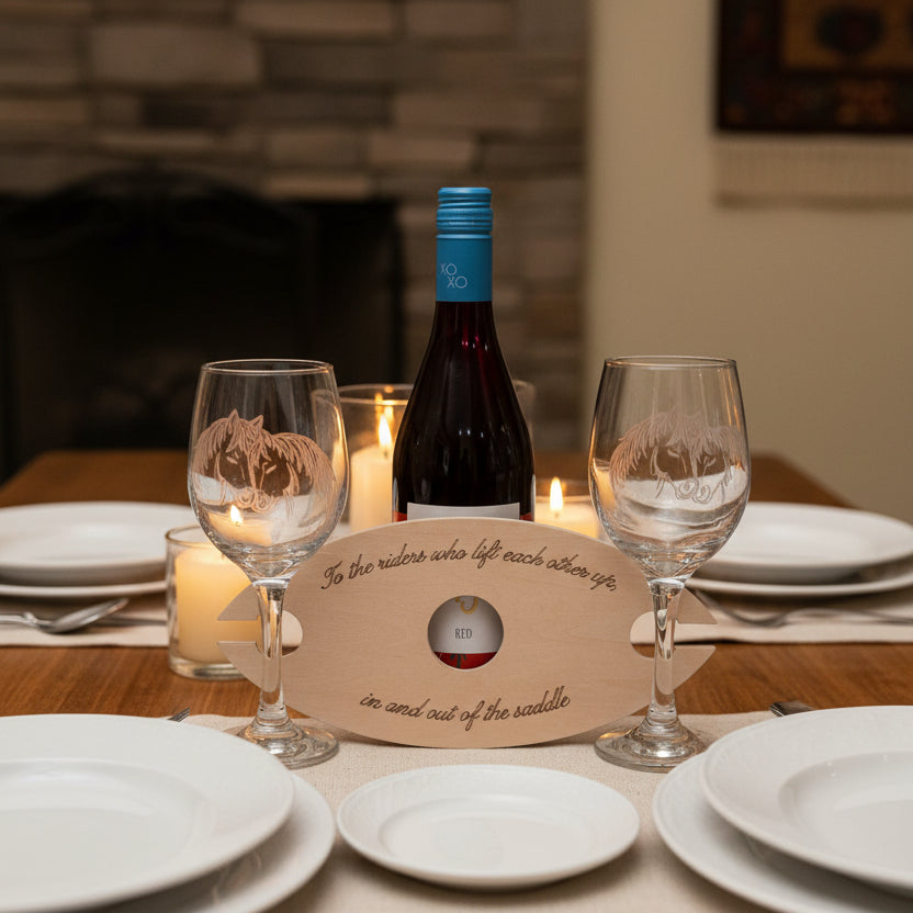 Wine bottle with two glasses on a wooden surface