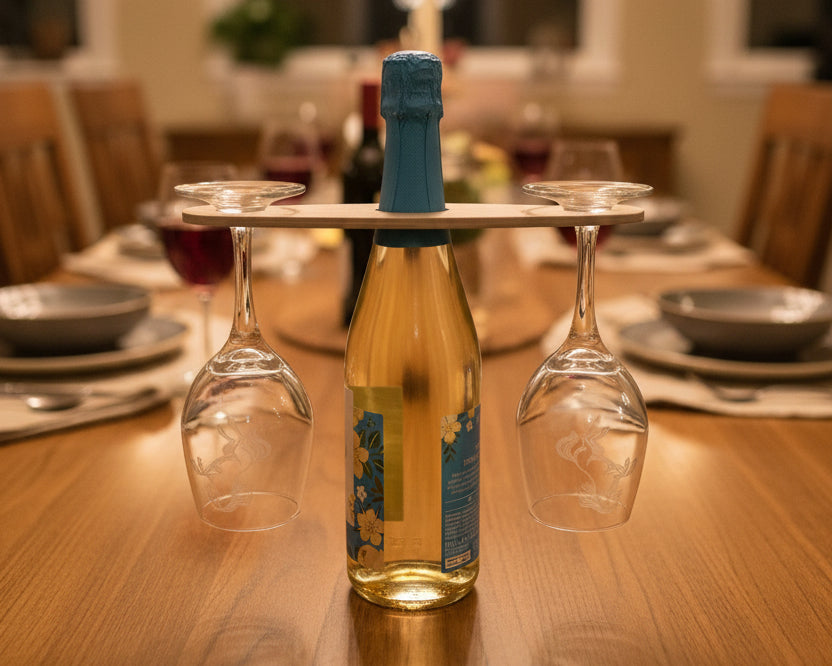 Bottle of white wine with two empty glasses on a wooden surface