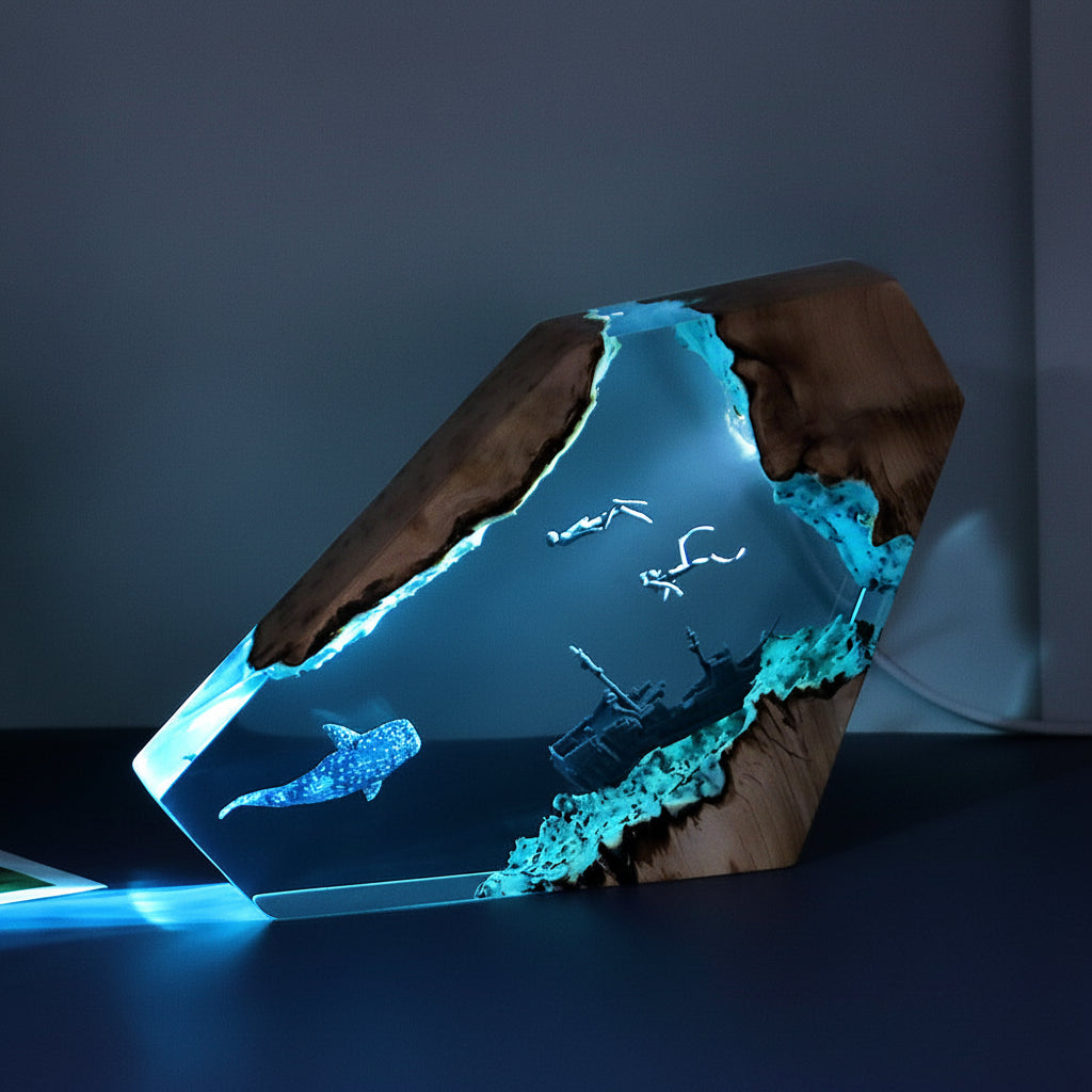 Decorative light fixture with glowing blue interior and wooden exterior